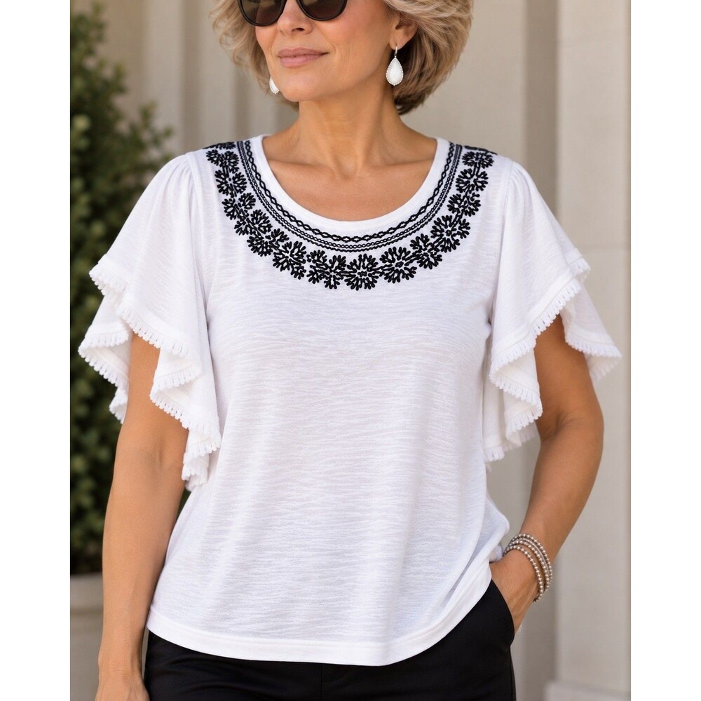 Chico's White Linen Spandex Blend Embroidered Scoop Neck Knit Top Short Sleeve L